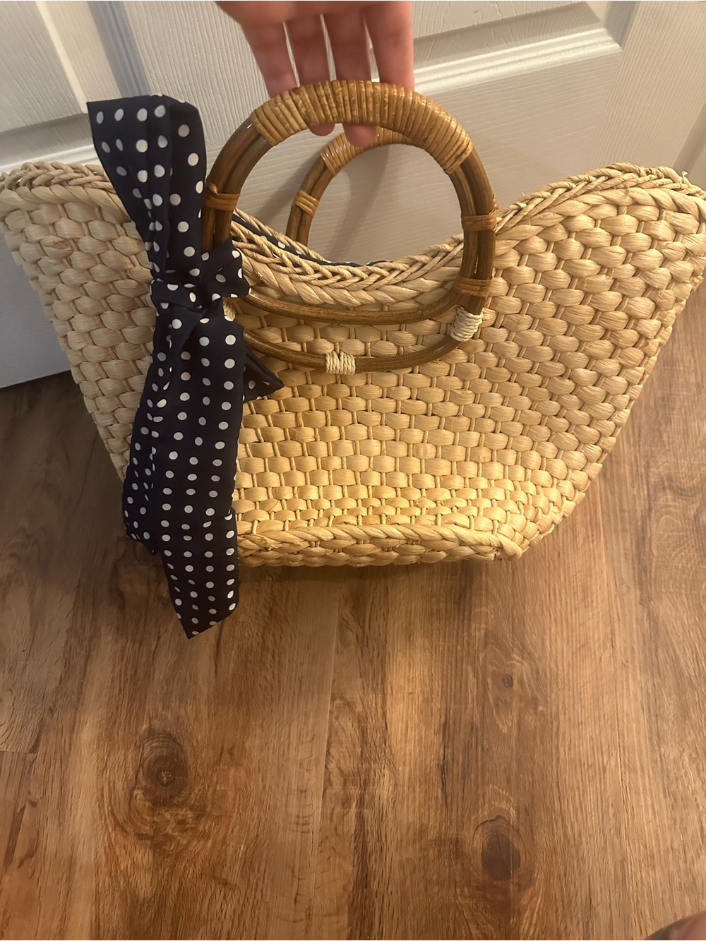Natural Woven Straw Tote with Round Bamboo Handles and Navy Polka Dot Scarf